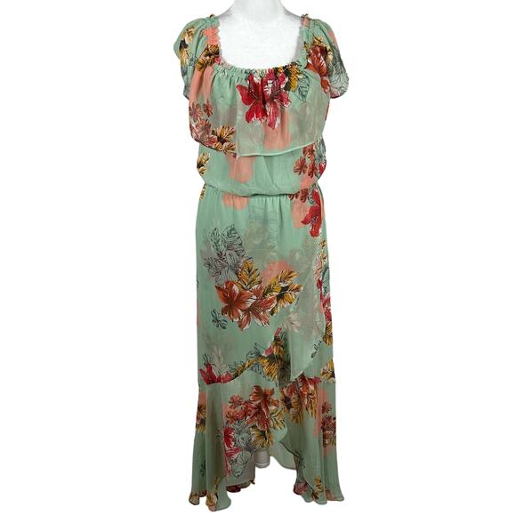 Express Green Red Floral Short Sleev Sheer Layer Dress Small Midi Romantic Flowy - Picture 1 of 4